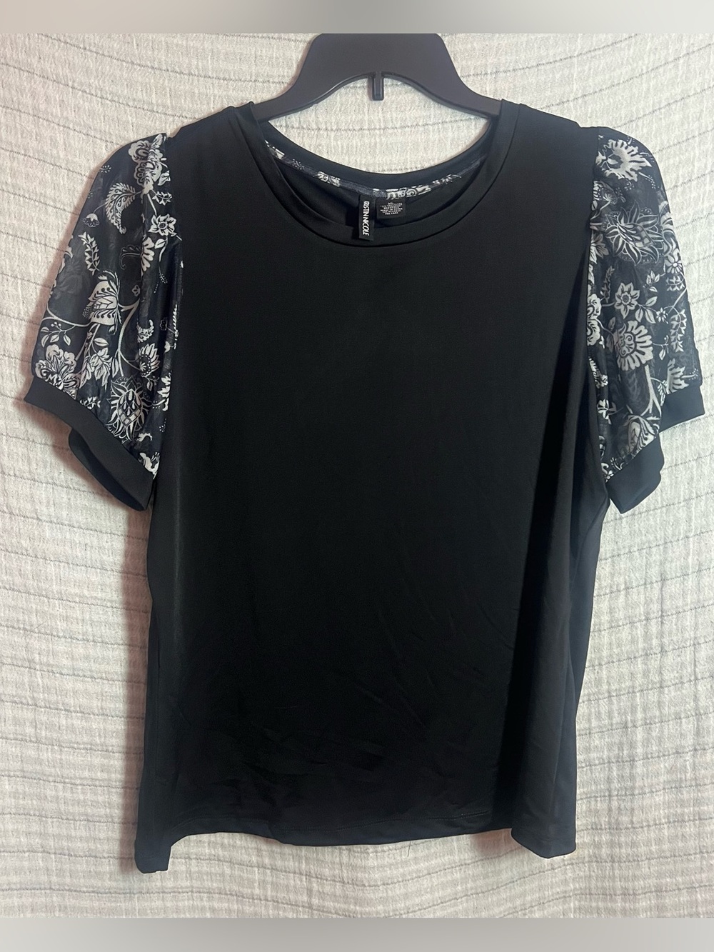Kristin Nicole Black Top with Sheer Floral Puff Sleeves